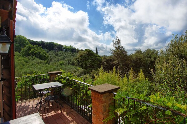 A patio with a table and chairs, surrounded by a metal railing and greenery.
