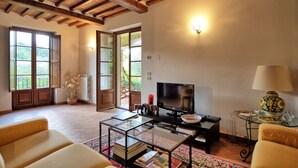 A spacious living room with a wooden ceiling, a television, a coffee table with books, and a sofa. - Casa Minuccia - Vacation house in Chianti (Villa A Sesta)