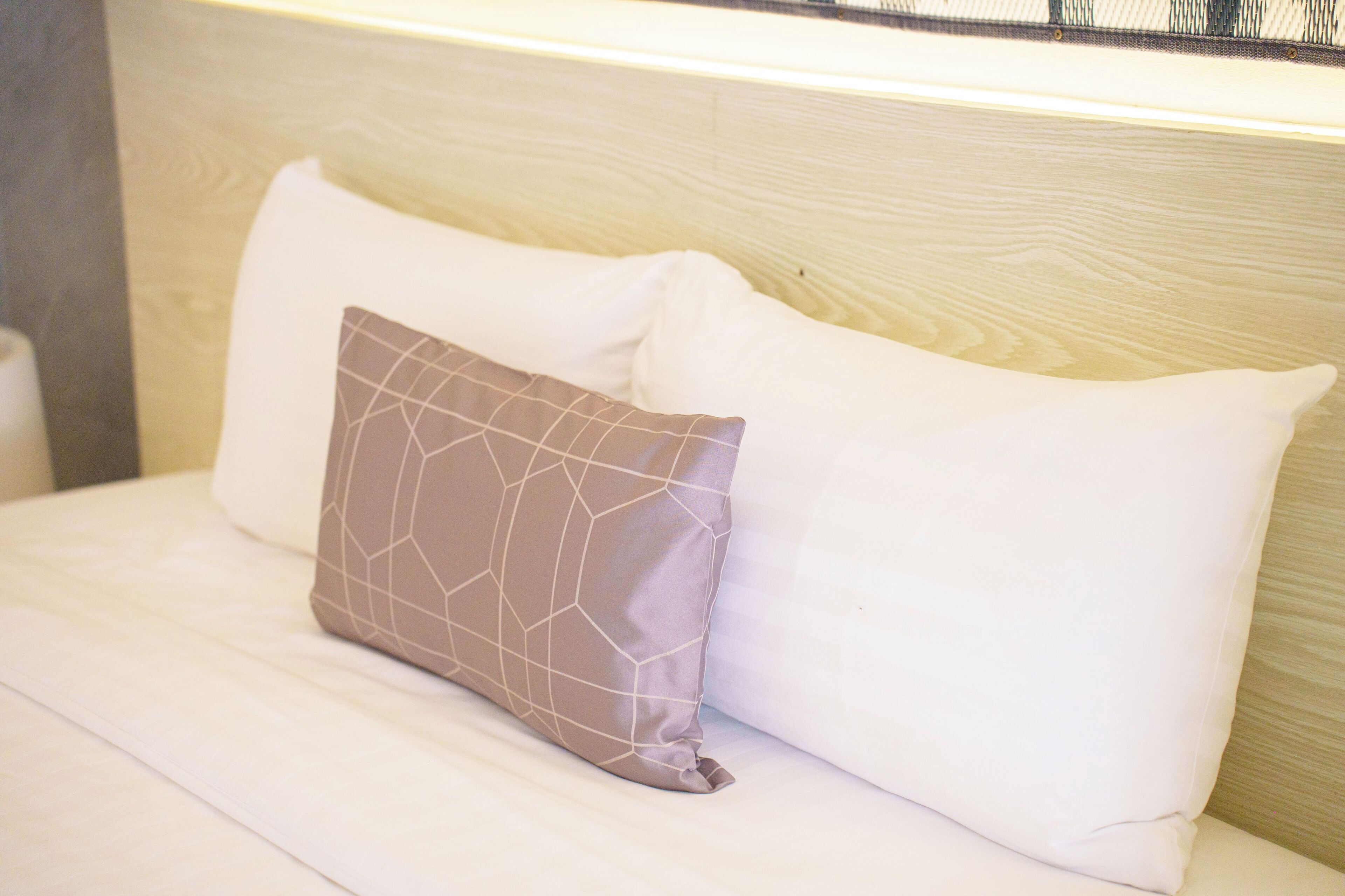 A bed with two pillows, one plain and one with a geometric pattern.