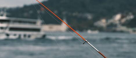 A fishing rod with a fish on it, held by a person.