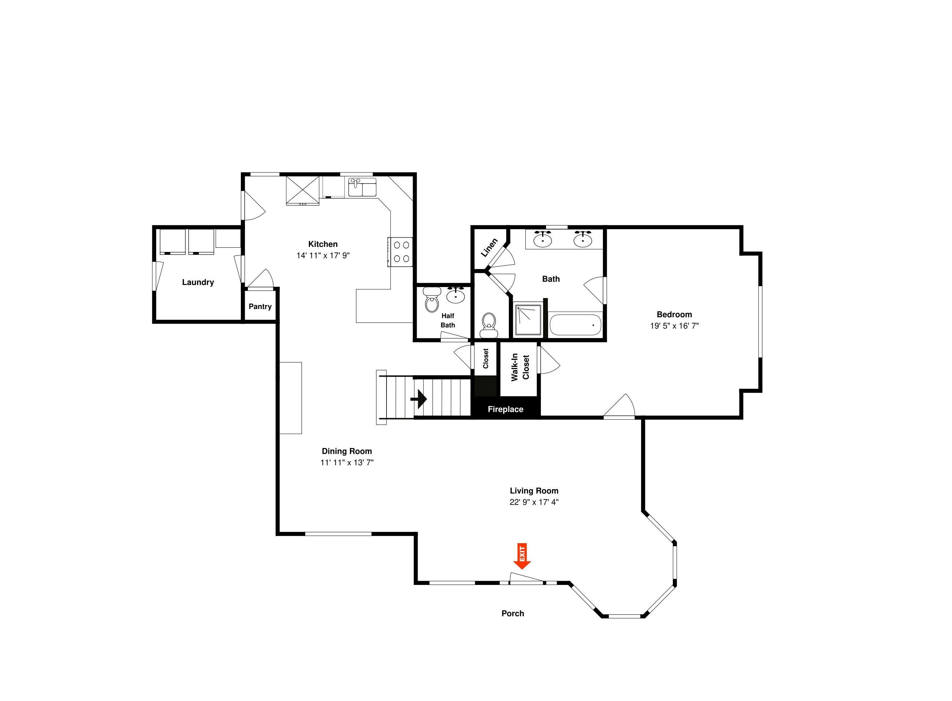 Ein Grundriss eines Hauses mit Küche, Esszimmer, Wohnzimmer, Schlafzimmer, Bad, Waschküche und einer Veranda.