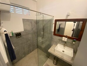 Ducha, secador de pelo, toallas y jabón