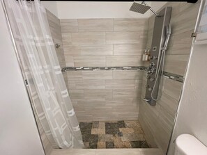 Shower, towels, soap, shampoo