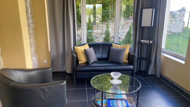 A modern living room with a black leather sofa, a glass coffee table with books, and a view of a garden through large windows. - Apartment in HOFGOHLIS between Dresden, Meißen and Radebeul directly on the Elbe cycle path (Dresden)