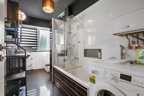 Hair dryer, towels, soap, shampoo