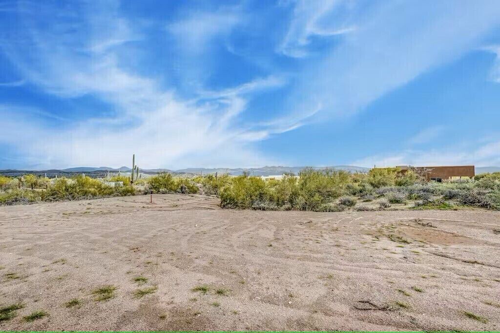A vast, open desert landscape with sparse vegetation and distant mountains under a clear sky.