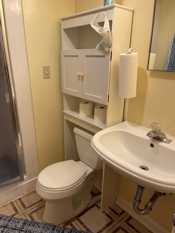 Un baño con inodoro, lavabo y un mueble con artículos de aseo.
