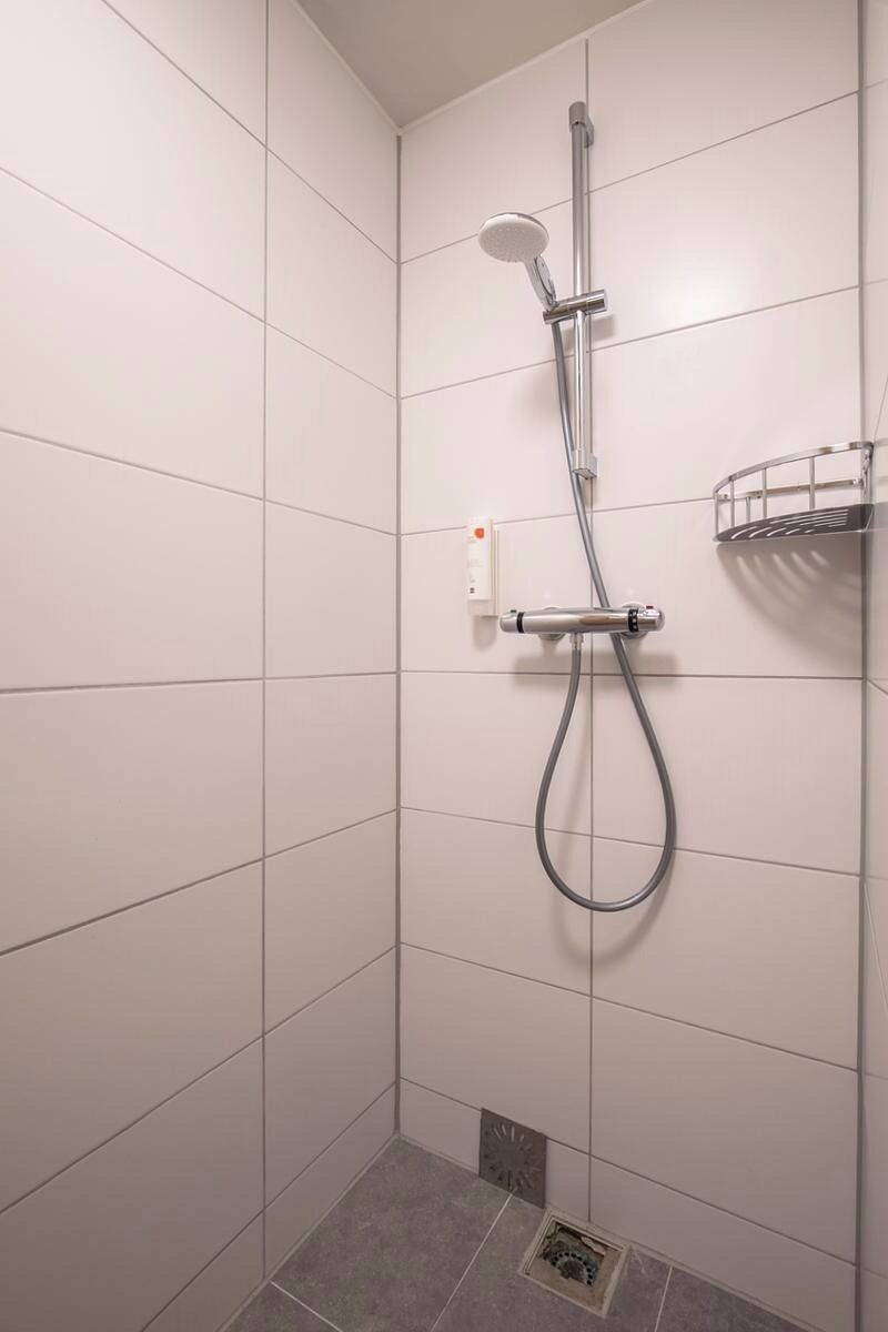A shower with a handheld showerhead, a wall-mounted control panel, and a corner sink with a chrome tray.
