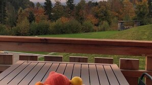 Een tafel met een schaal fruit en een uitzicht op een bergketen.