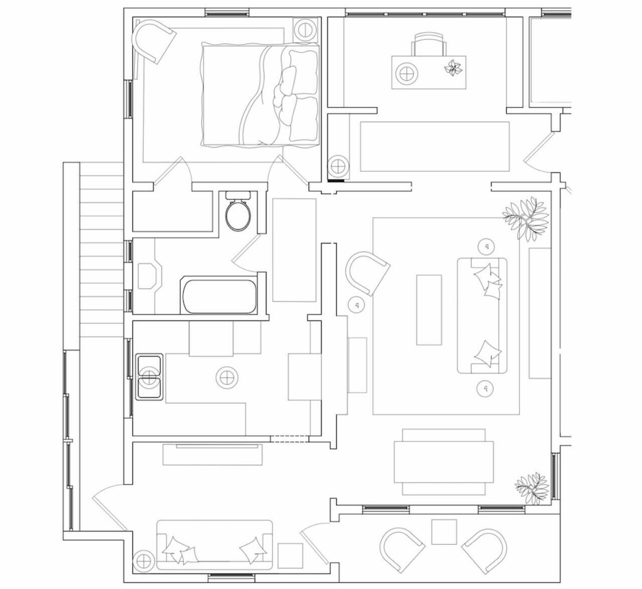 Een plattegrond van een hotel met meerdere slaapkamers, een badkamer, een keuken en een eetruimte.