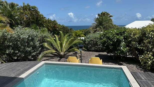Una piscina con vista al océano, rodeada de exuberante vegetación y una estructura con sombrilla blanca.