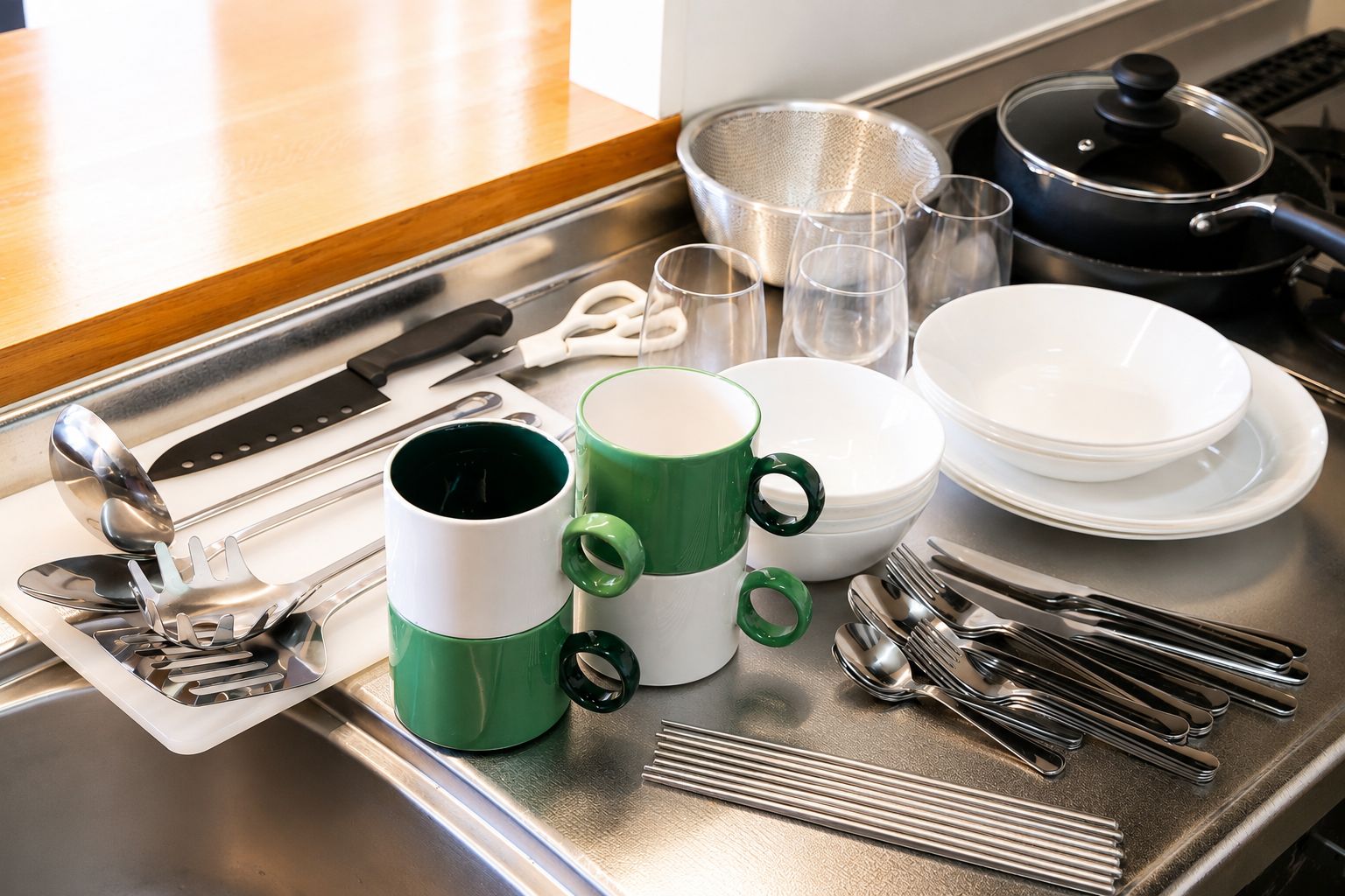 A kitchen counter with various utensils, including spoons, forks, and knives, as well as two green and white mugs and a set of plates.