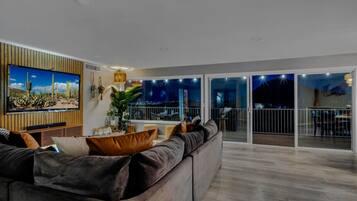 Smart TV, fireplace, video games, foosball