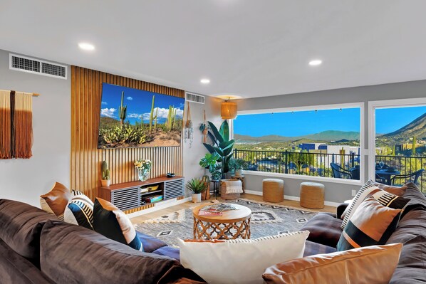 Smart TV, fireplace, video games, table football