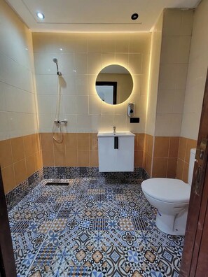 Shower, hair dryer, towels, toilet paper