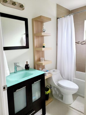 Hair dryer, towels, soap, shampoo
