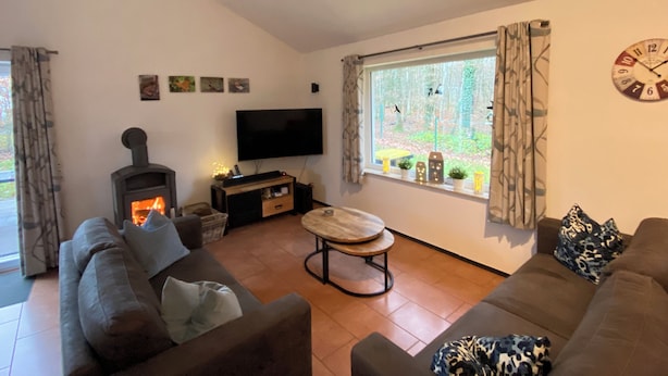 Ein Wohnzimmer mit Kamin, einer Couch, einem Fernseher und einem Fenster mit Blick auf einen Garten.