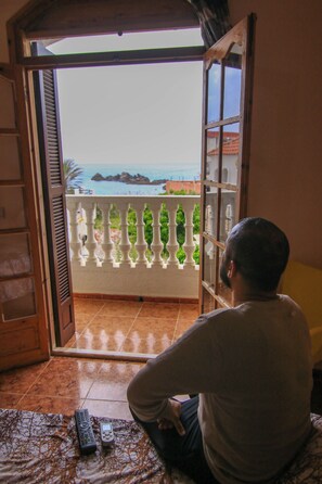 Desk, laptop workspace, blackout curtains, free WiFi