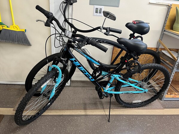 A blue and black bicycle with a black seat and rear rack, parked indoors. - Upgraded 3:2 House in Amelia mins to Sumter Landing, golf & pool. New rental. (The Villages)