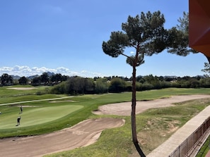 Een golfbaan met een heldere lucht, een enkele boom en een bergketen in de verte.