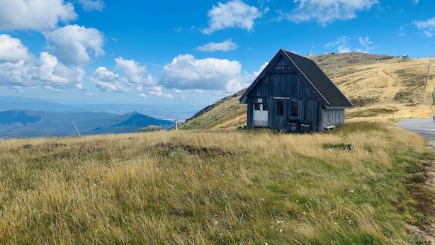 A wooden cabin with a sign reading "Pendelgaust Hut" on a grassy hill with a clear blue sky. - Delatitie Apartments -Cedar 1 Bedroom Apartment - Merrijig (Merrijig)