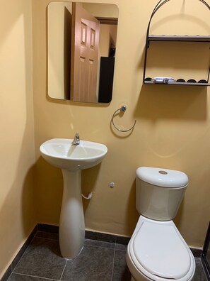 Douche, sèche-cheveux, serviettes fournies, savon