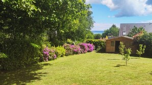 A grassy yard with a small wooden structure, surrounded by dense foliage and a clear sky. - Les oliviers room, quiet and bright (Fouesnant)