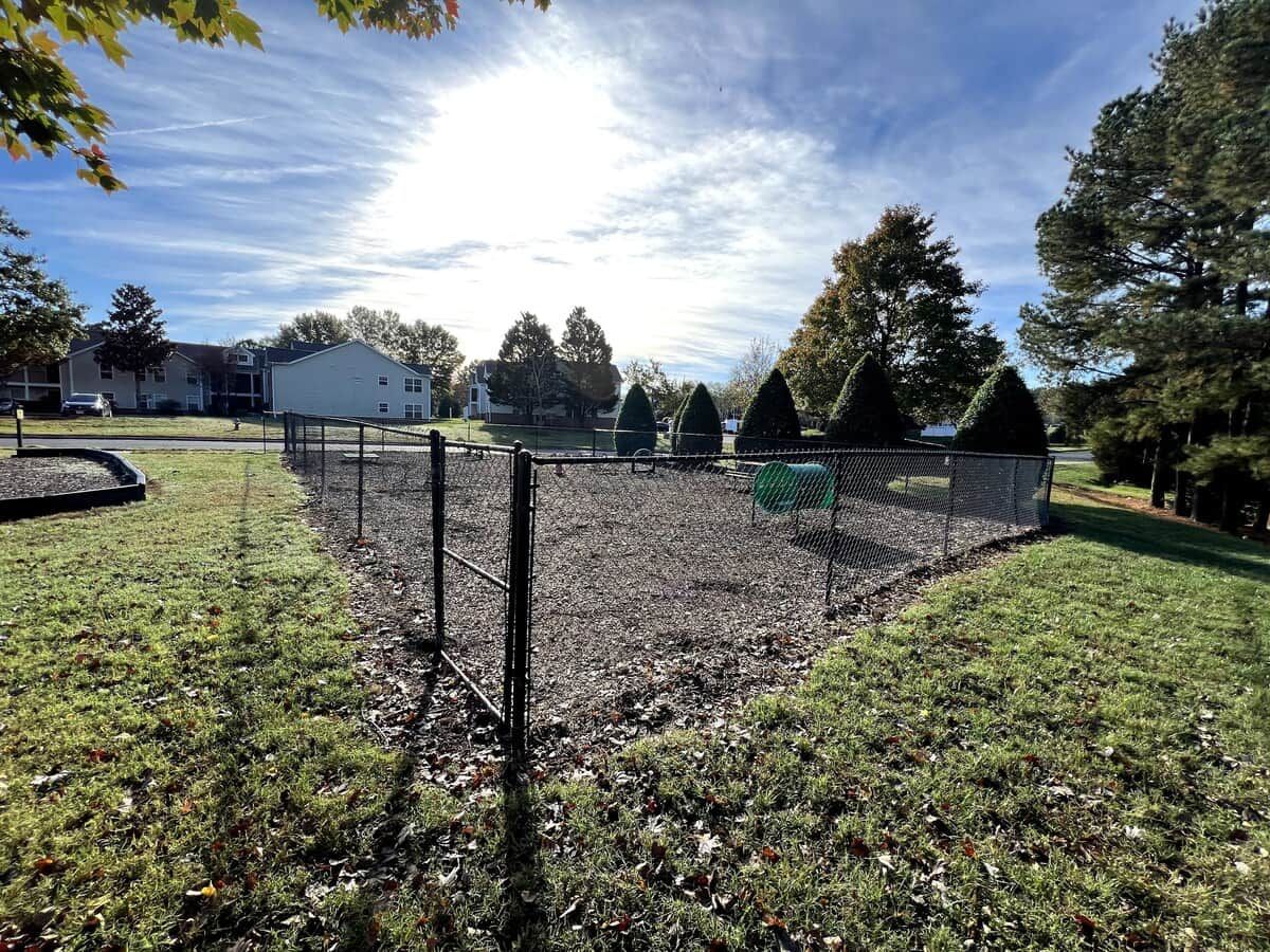 A fenced outdoor area with a grassy field, a metal fence, and a building in the background.