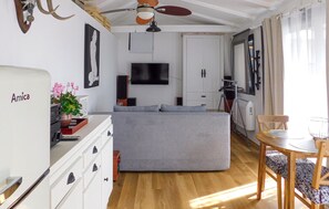 TV connectée, cheminée, chaîne hi-fi