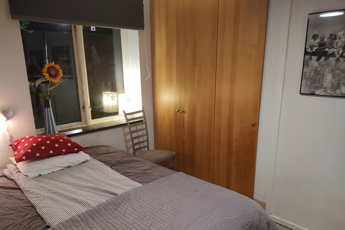 A bedroom with a bed, a chair, a wooden wardrobe, a window, and a wall-mounted picture.
