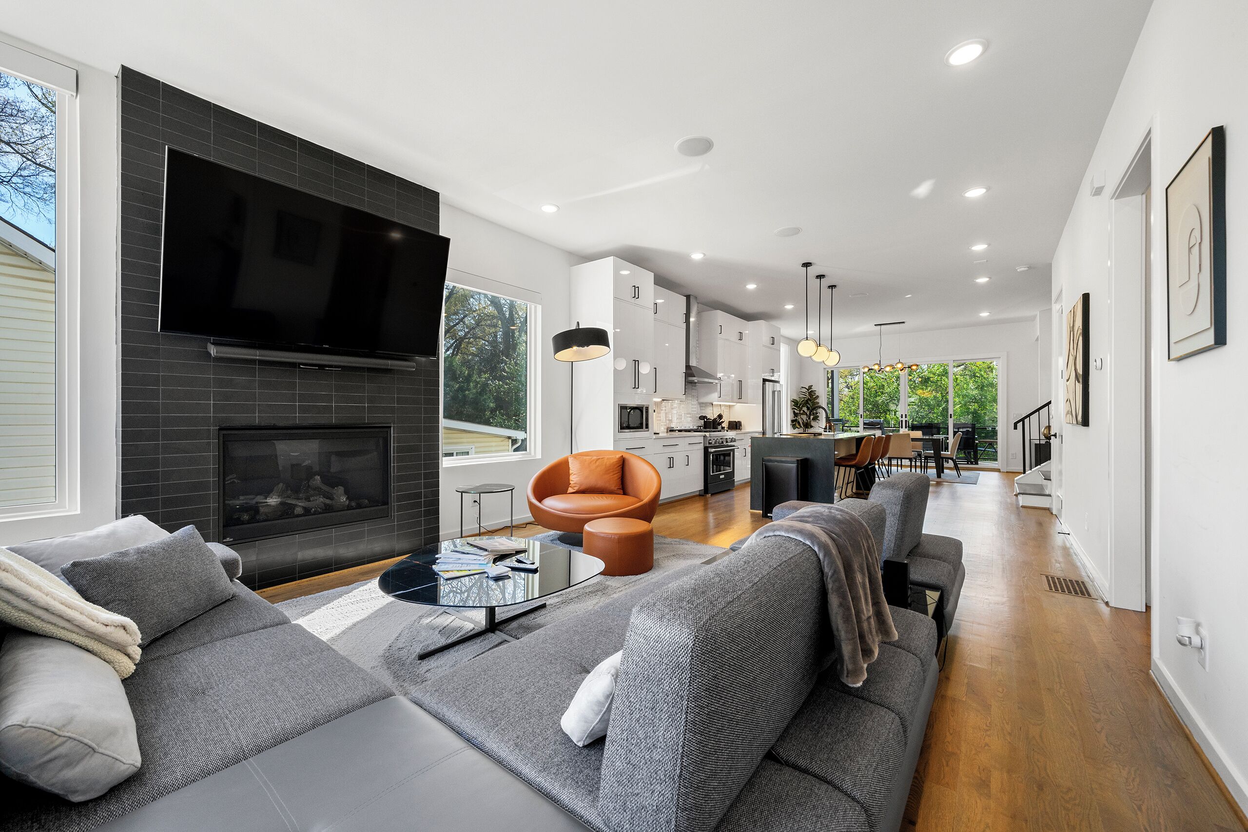 Smart TV, fireplace, books