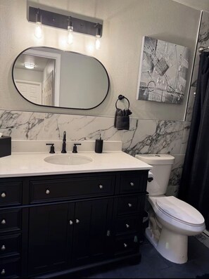 Hair dryer, towels, soap, shampoo