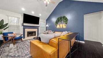Smart TV, fireplace, video games, table football