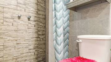 Hair dryer, towels, soap, shampoo