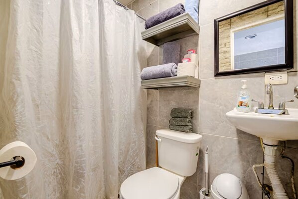 A bathroom with a toilet, a sink, a shower curtain, and a mirror.