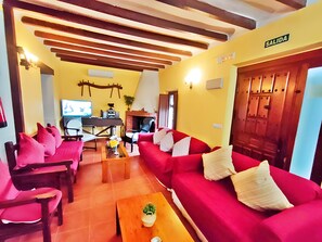 Tv, eldstad, dvd-spelare och en stereo