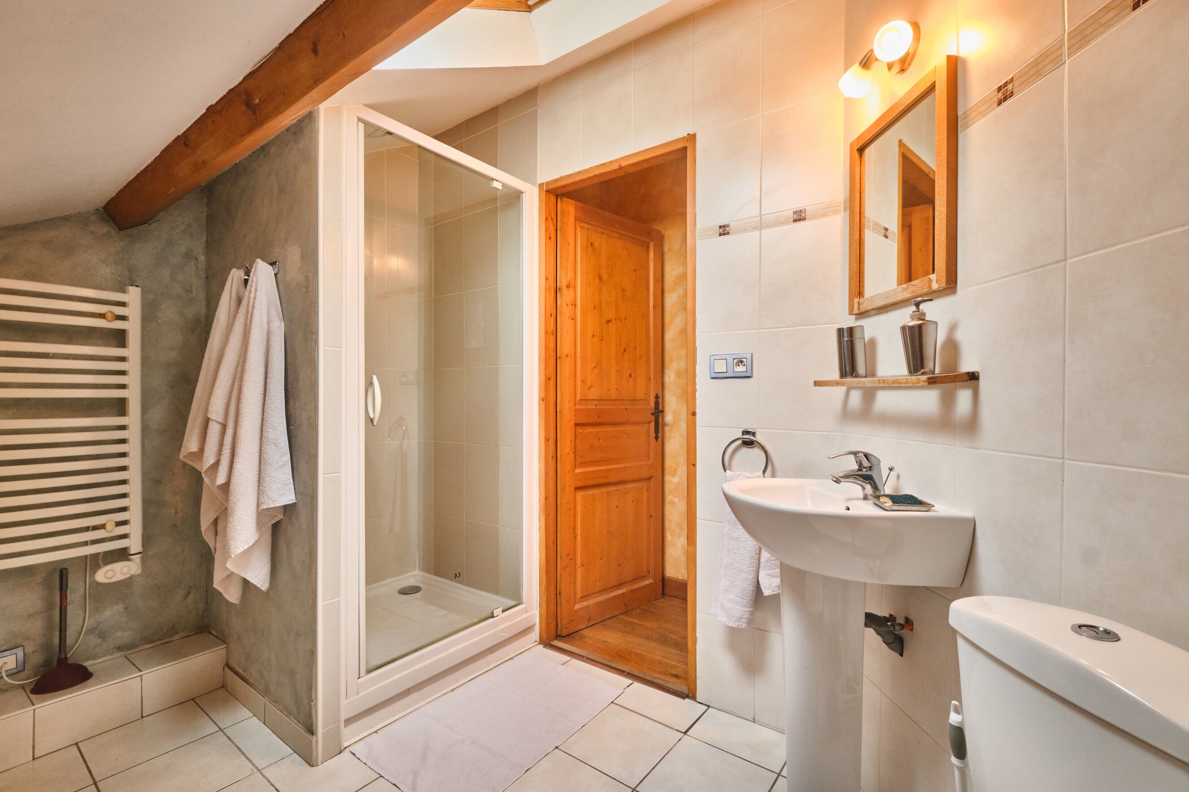 Shower, hair dryer, towels