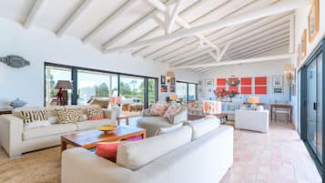 Televisión, chimenea, estéreo