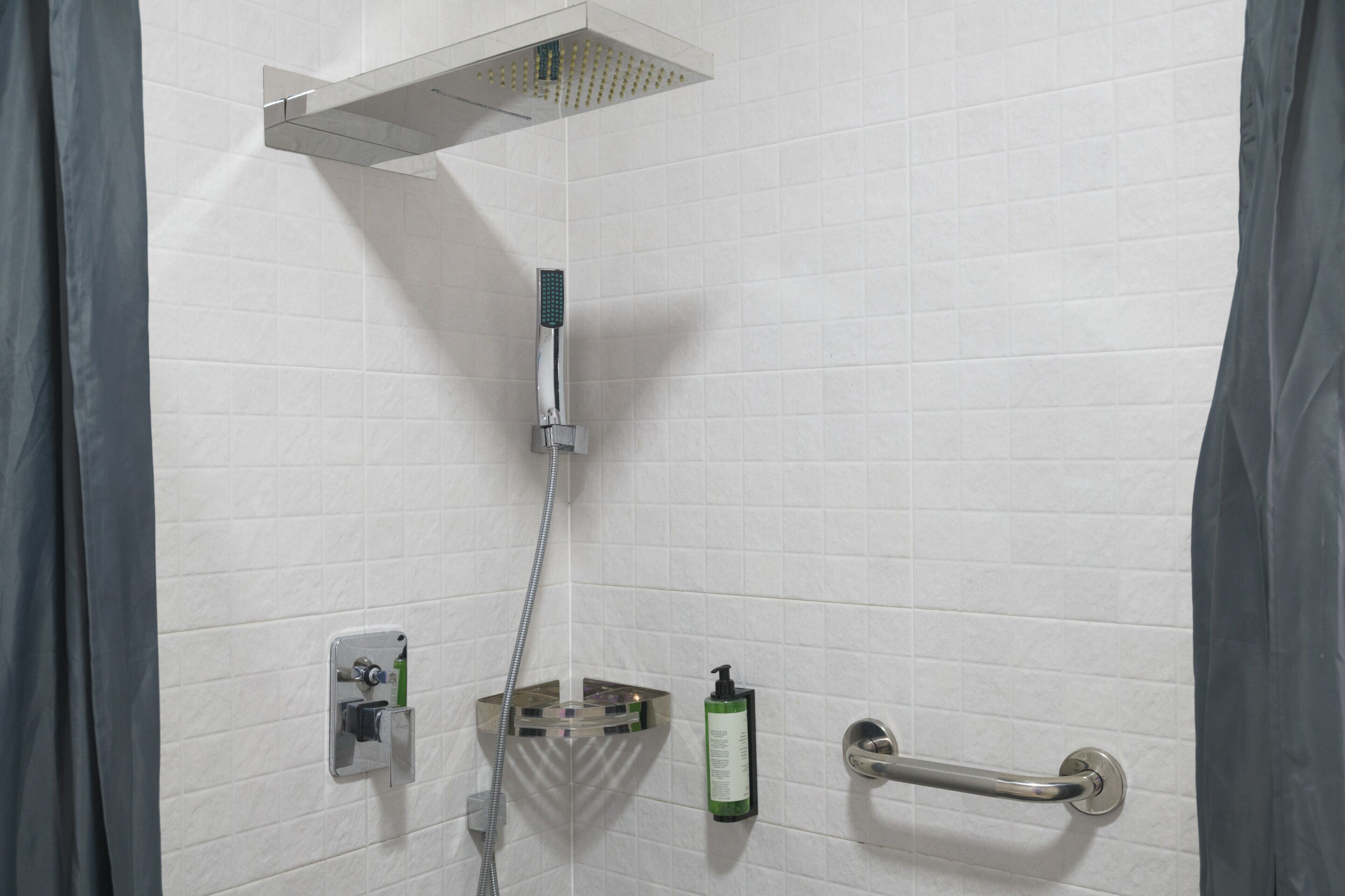 Une douche équipée d’un pommeau de douche à main, d’un distributeur de savon à main et d’une barre à serviettes.