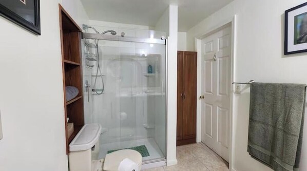 Secador de cabelo, toalhas de banho, sabonete, papel higiênico