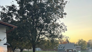 A residential area with houses, a tree, and a blue trash bin on a sidewalk.