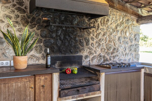 Un mur en pierre avec un barbecue intégré et une plante en pot.