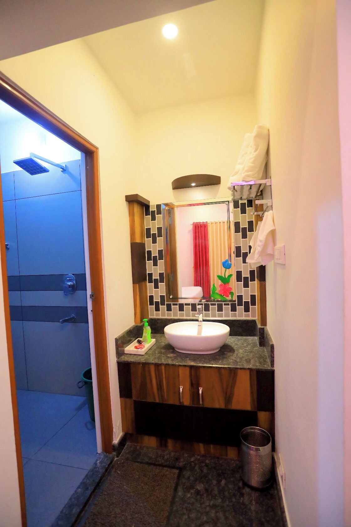 A bathroom with a white sink, a mirror, a towel rack, and a shower door.