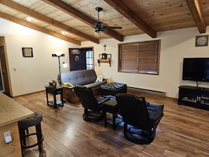 Smart TV, chimenea, reproductor de DVD y libros 