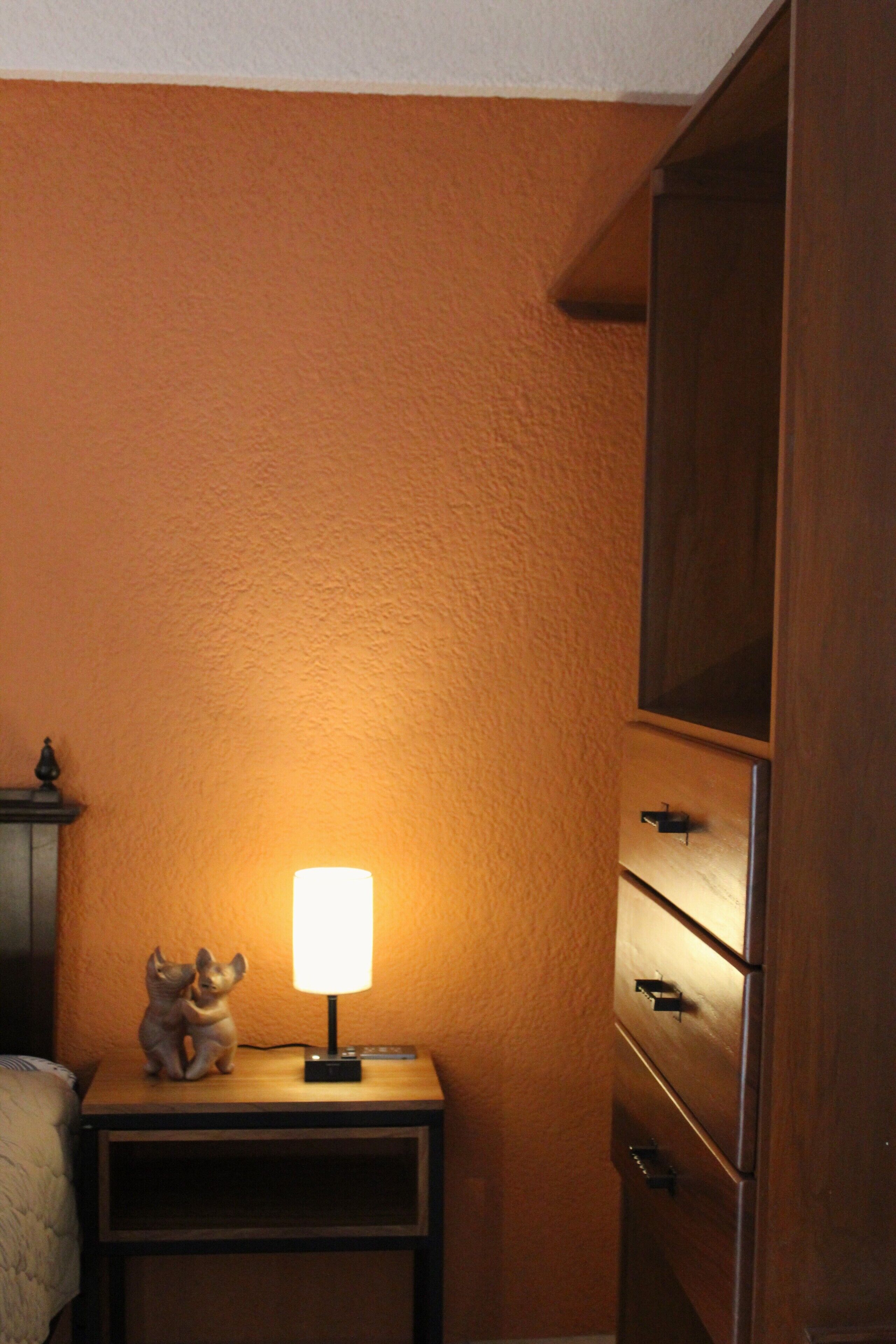 A corner of a room with an orange wall, a nightstand with a lamp, and a wooden cabinet.