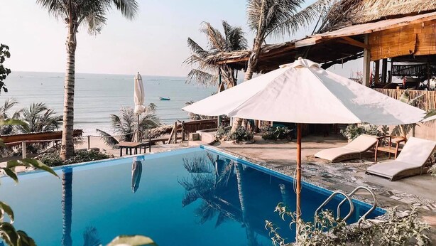 Une piscine entourée de palmiers, avec des chaises longues et des parasols, offrant une vue sur la mer.