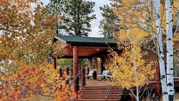 Une cabane en bois dotée d’un porche couvert et d’un escalier menant à l’entrée.