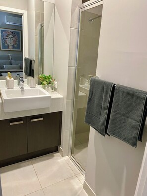 Shower, hair dryer, towels, soap