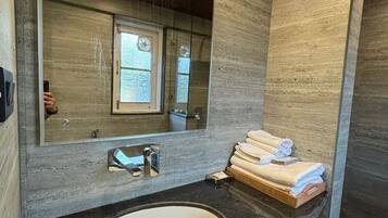 Deluxe Apartment | Bathroom | Shower, towels, shampoo, toilet paper