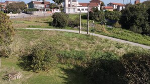 Een woonwijk met huizen, een verhard pad en groen.